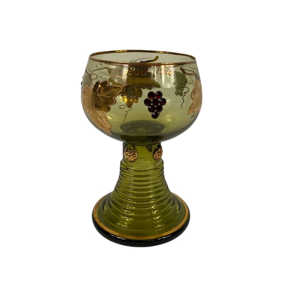 Vintage Germany Gold Olive Green Goblet Etched Encrusted